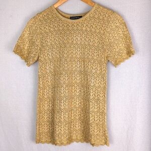 THEOMILES Women's Metallic Gold Short Sleeve Lace Cut Out Knit Top